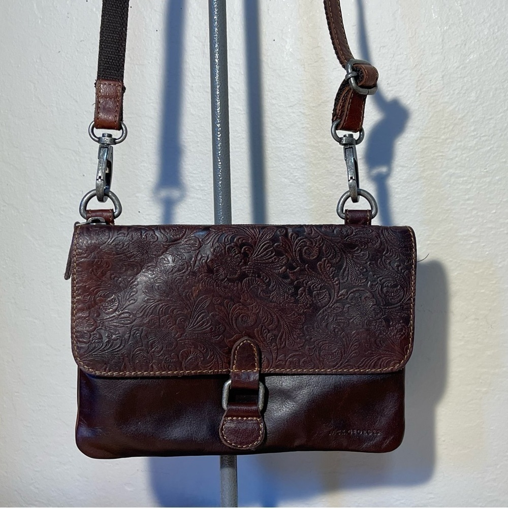 Jack Georges Brown Floral Embossed Leather Crossbody Organizer Bag